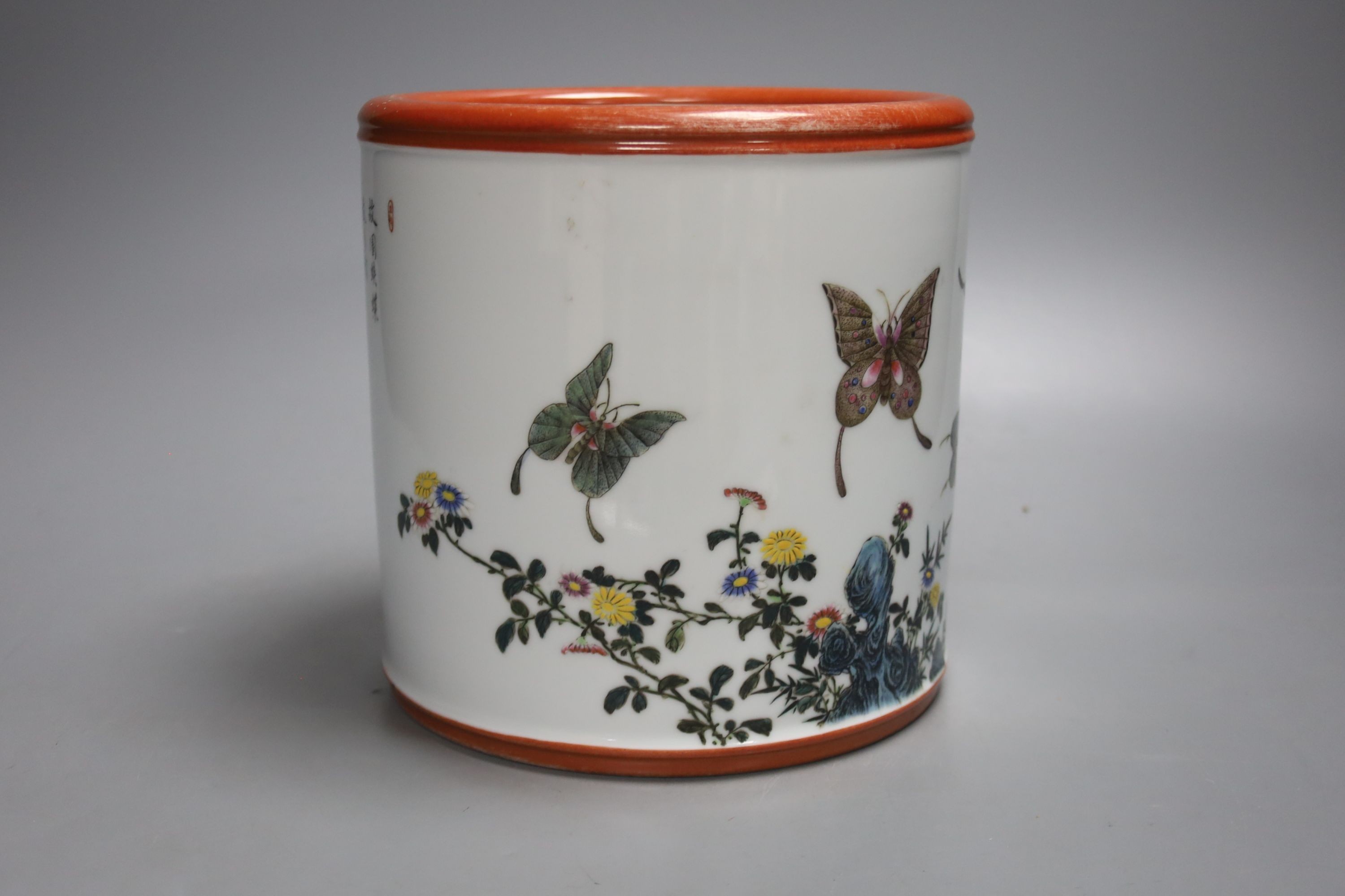 A Chinese famille rose brush pot, Yongzheng seal mark, 20th century, 7.25in. (18.3cm)